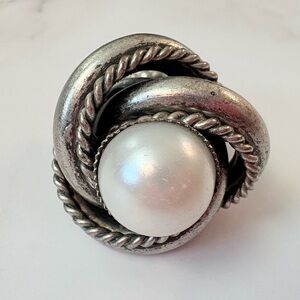Vintage Silver Tone Faux Pearl Adjustable Statement Costume Ring